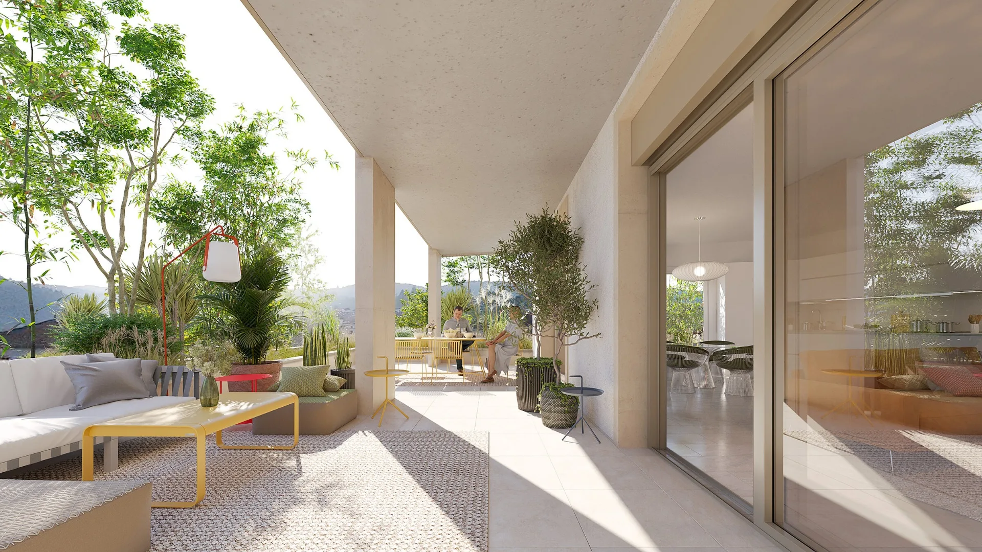 Grande loggia plantée, matin sur la terrasse