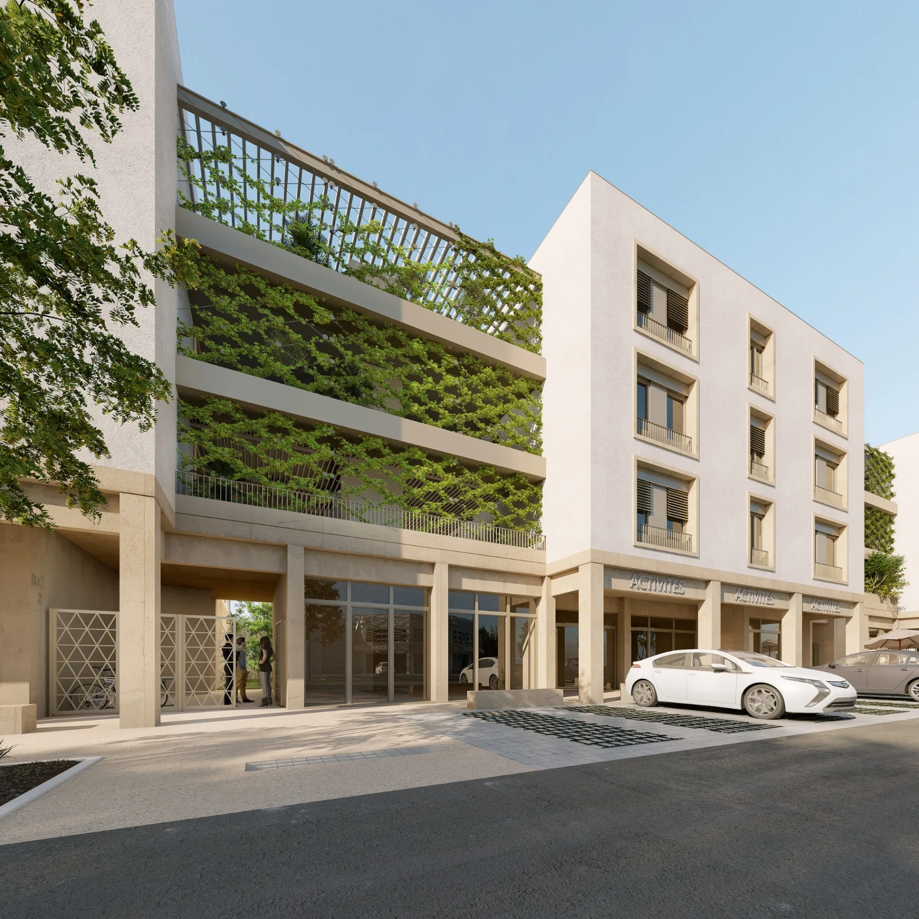 Façade avec treillis végétal et loggias